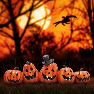 5pcs Orange Pumpkin Decorations - Indoor Halloween Decor for Table, Window, Gift